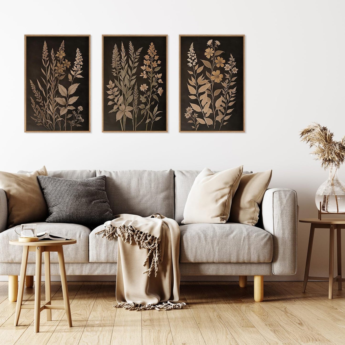 HLNIUC Vintage Botanical Fern Framed Canvas Wall Art Set,Black and Tan Plant Leaf Wall Decor,Netural Minimalist Herb Floral Art Print,Modern Farmhouse Wall Painting for Living Room,Bedroom - 16”x24”x3