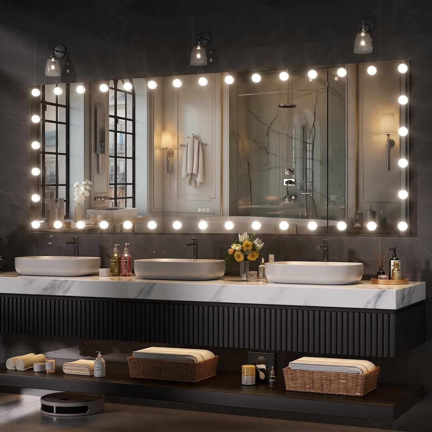 Hasipu LED Bathroom Mirror with Lights, 94" x 36" Hollywood Wall-Mounted Bathroom Mirror with 38 Dimmable Bulbs, 3 Colors Modes, Touch Control, Anti-Fog, Memory Function, Shatter-Proof, ETL Listed