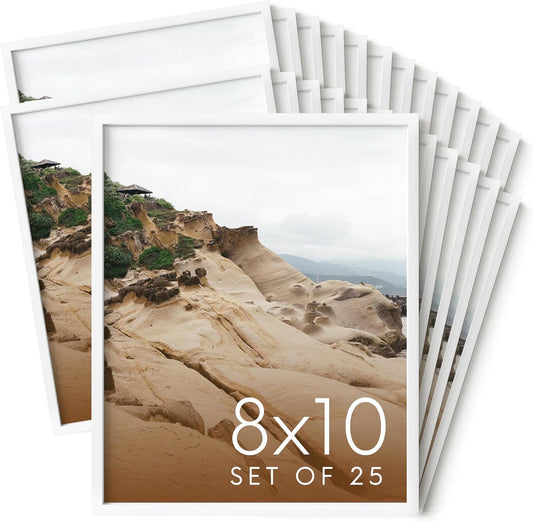 HAUS AND HUES 8x10 White Metal Picture Frames - Features Premium Aluminum, Vertical & Horizontal Hang, Shatterproof Plexiglass - Perfect for Home, Room, Office (8x10 in, White, Set of 25)