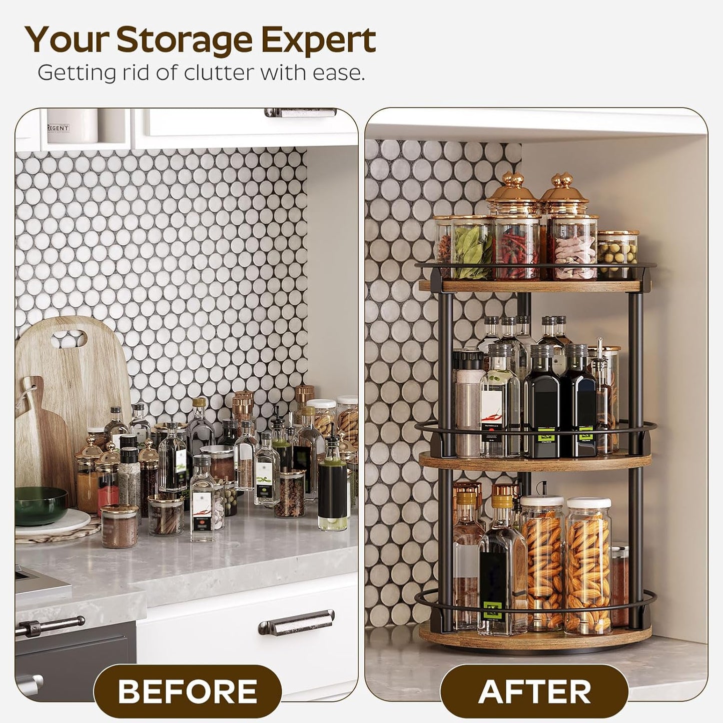 3-Tier Lazy Susan Organizer, Rotating Spice Rack, Spinning Organizer, Industrial Turntable Spice Rack Organizer for Cabinet, Kitchen Countertop, Pantry, Rustic Brown and Black SR23BR