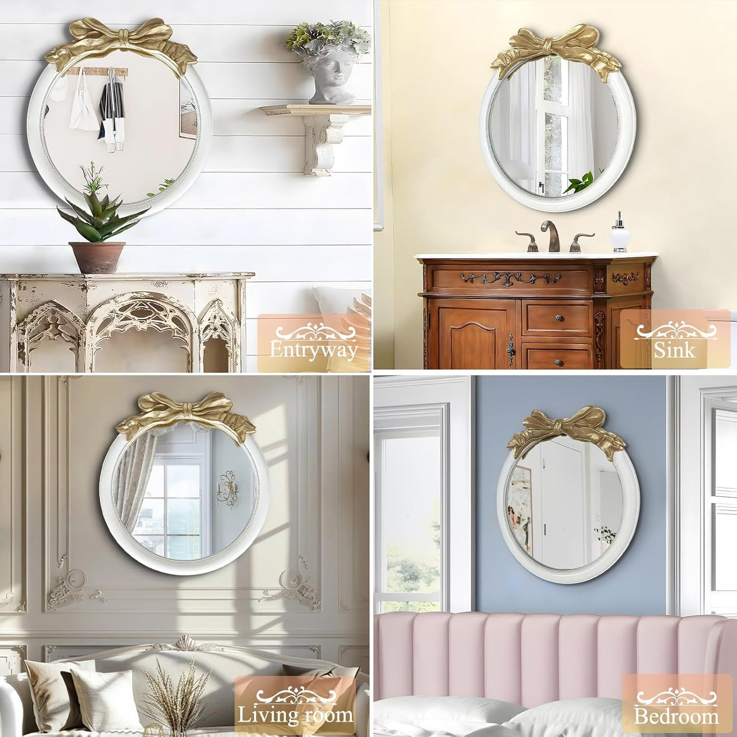 26x26 inch Bow Antique Mirrors for Wall, Round White and Gold Decorative Wall Mounted Mirror, Circle Antique Mirrors Suitable for Bedroom, Hallway, Living Room Decoration, Bathroom Sink