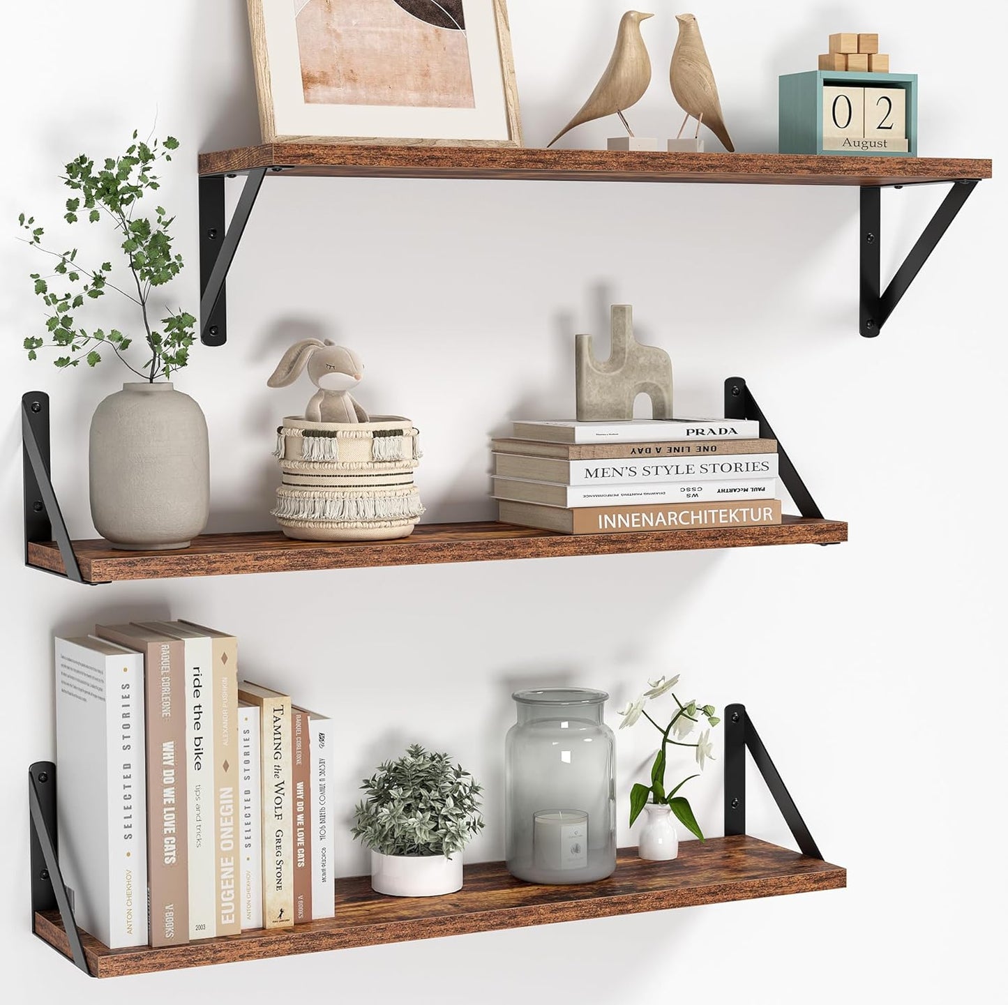 Heimlove Floating Shelves for Wall, 24 Inch Long Wood Floating Shelves Set of 3, Wall Mounted Hanging Shelf for Bathroom Bedroom Kitchen, Rustic Brown