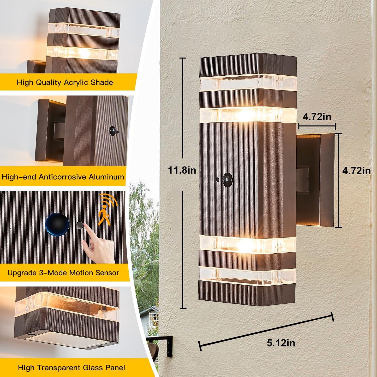 2 Pack Oil Rubbed Bronze Outdoor Wall Lights with 3-Mode Motion Sensor Up Down Porch Lights Modern Dusk Dawn Exterior Sconce Wall Mount Outside Coach Lantern for House(with 4 Dimmable Warm Bulbs)