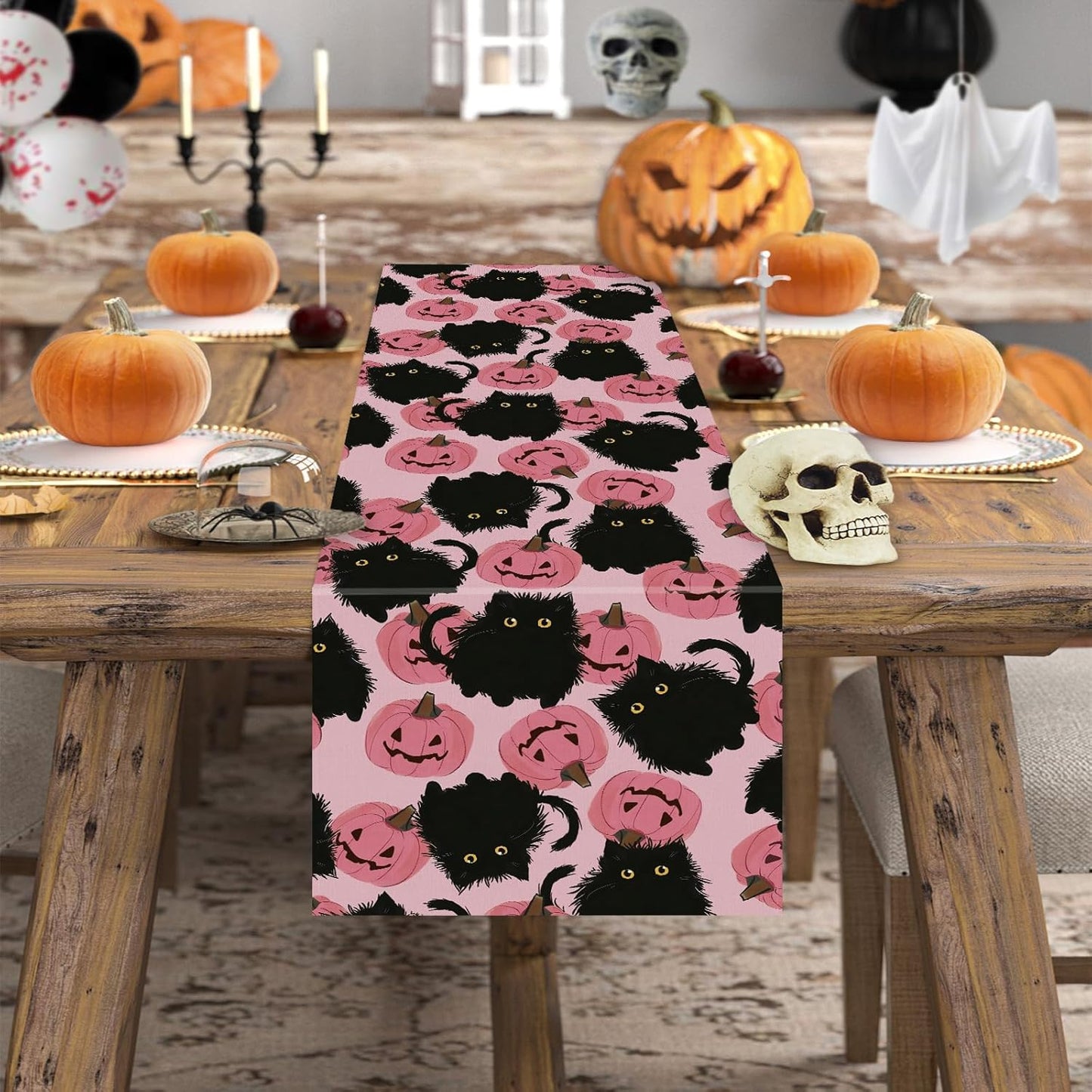 Halloween Table Runner Black Cat Pink Pumpkins Seasonal Kitchen Dining Table Home Outdoor Party Decorations 13x108 Inch