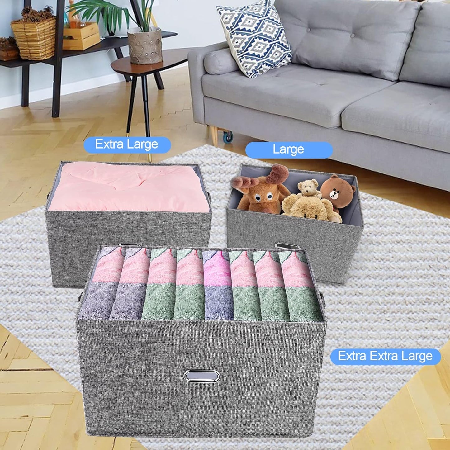 Large Linen Fabric Foldable Storage Bins with Removable Lid and Handles, Washable Storage Box Organizer Containers Baskets Cube with Cover for Bedroom,Closet,Office,Nursery (Khaki, XXL)