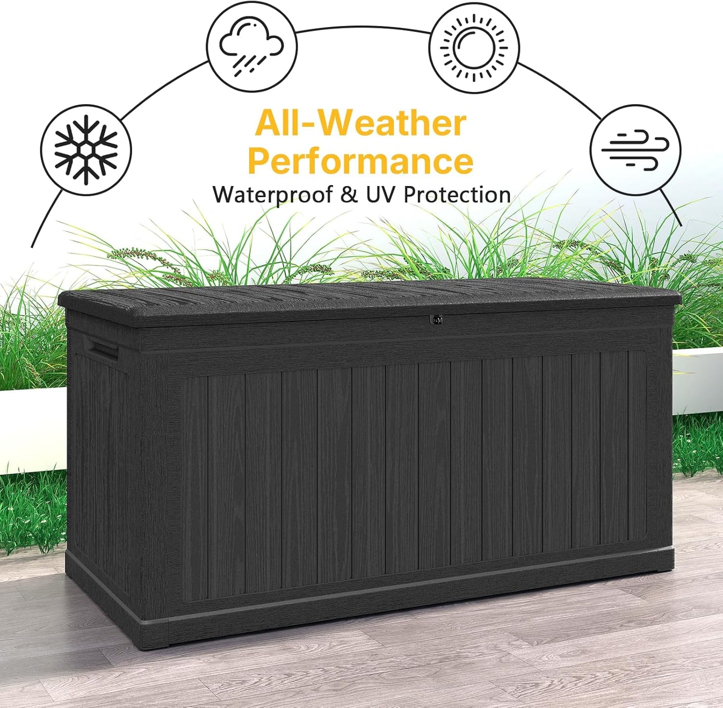 260 Gallon Deck Box Lockable, Outdoor Storage Box Waterproof and UV Resistant, Large Patio Storage Box with 1000 lbs Capacity, for Garden, Patio Furniture, Pool (Black)