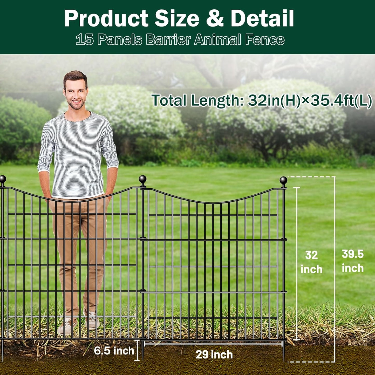 15 Panels No Dig Dog Fence Outdoor for Yard, 32 in(H) X 35.4 ft(L) Decorative Tall Garden Fence Animal Barrier, Rustproof Metal Wire Garden Edging and Borders, Temporary Fencing Stakes
