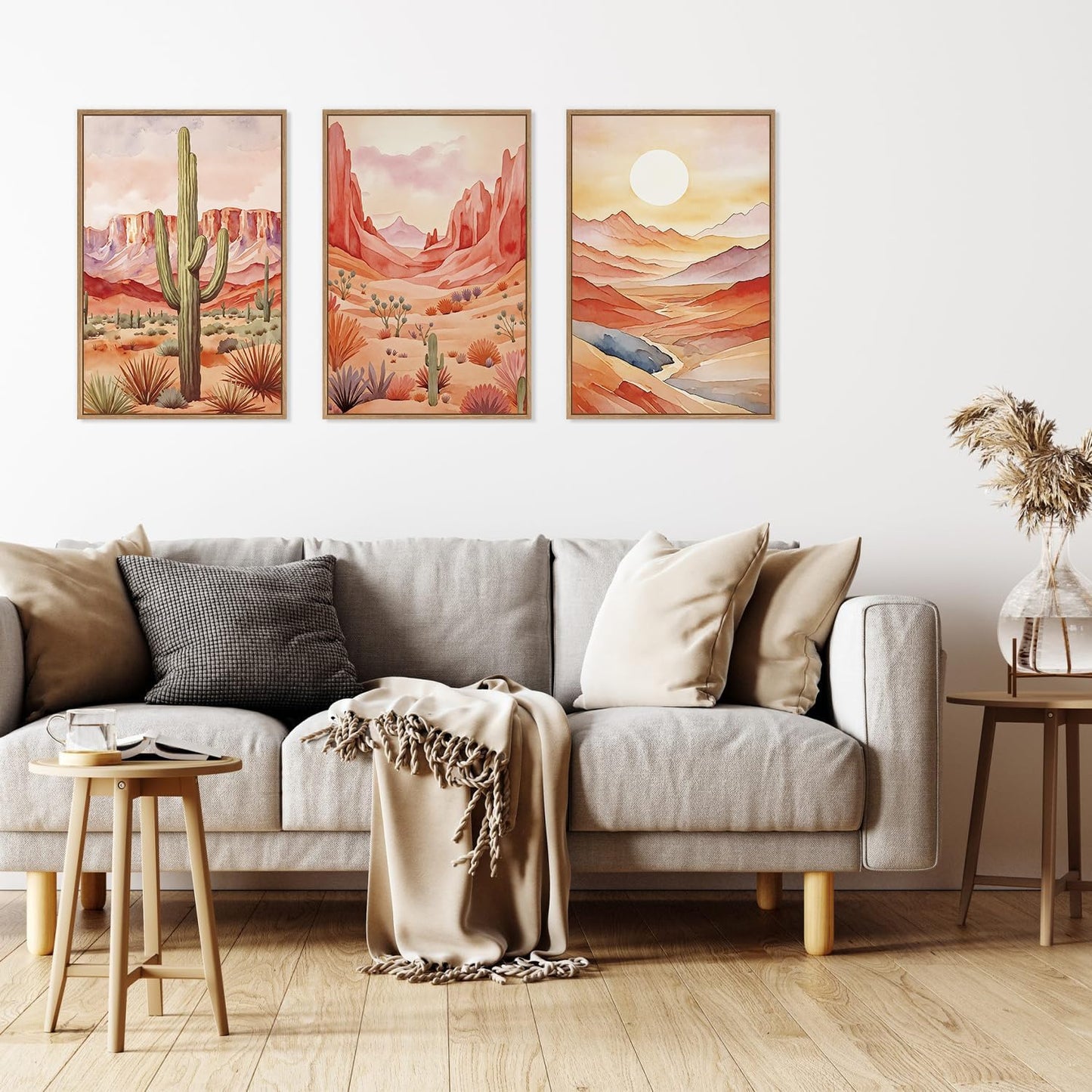 HLNIUC Boho Desert Plant Framed Canvas Wall Art Set,Southwestern Sun Mountain Wall Decor,Cactus Sunset Landscape Wall Painting,Watercolor Abstract Desert Art Prints for Living Room,Bedroom - 16”x24”x3