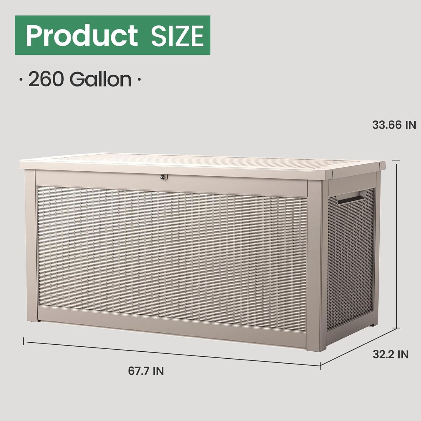 260 Gallon Storage Box, Waterproof Resin Deck Box with Steel Support & Hydraulic Rod, Lockable Storage Bench for Indoor & Outdoor Use, Storage Bin for Patio Cushions, Garden Tools, Grey