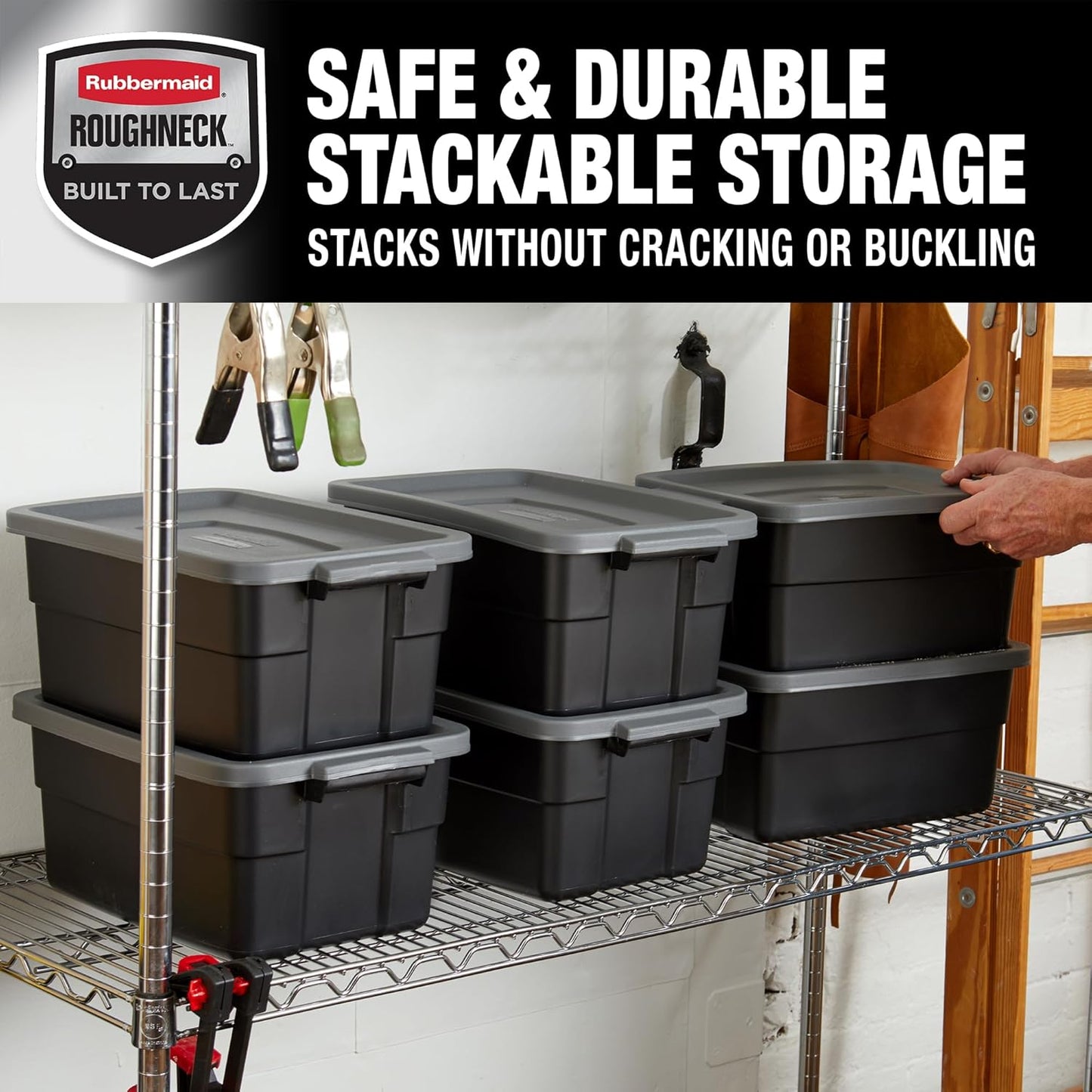 Rubbermaid Roughneck Tote 3 Gal, 6 Pack, Made in USA, Black & Gray, Rugged Plastic Stackable Storage Bins with Lids and Handles