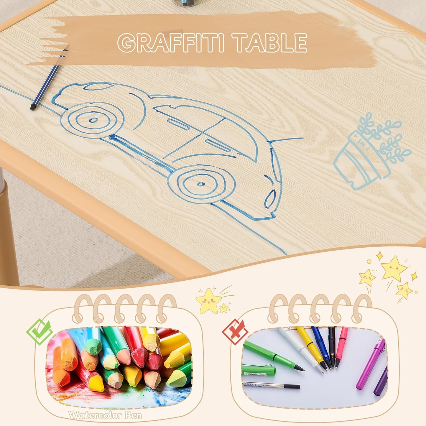 Height-Adjustable Kids Table and Chairs, 31.5''L x 23.6''W Toddler Table and 4 Chairs Set with Anti-Slip Foot Covers, Children Activity Table for Ages 2-10, Graffiti Desktop