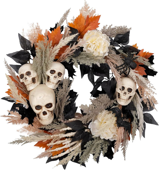 24" Halloween Wreath for Front Door with Artificial Skulls, Wheat, Maple Leaves and White Peonies - Fall Halloween Holiday Decoration for Home Door Wall Indoor/Outdoor