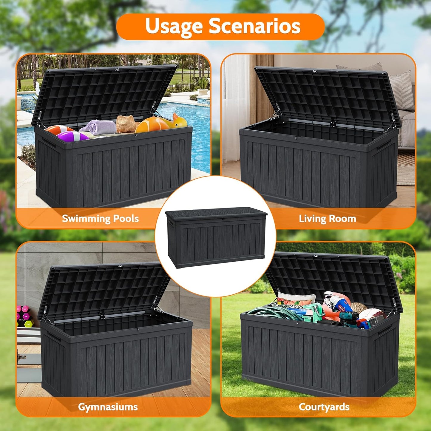 230 Gallon Double-Wall Resin Deck Box - Lockable Waterproof Outdoor Storage Box, 1000lbs Capacity & Doubles as Seating for Patio Furniture - Garden Tools, Pool Accessories (Black)