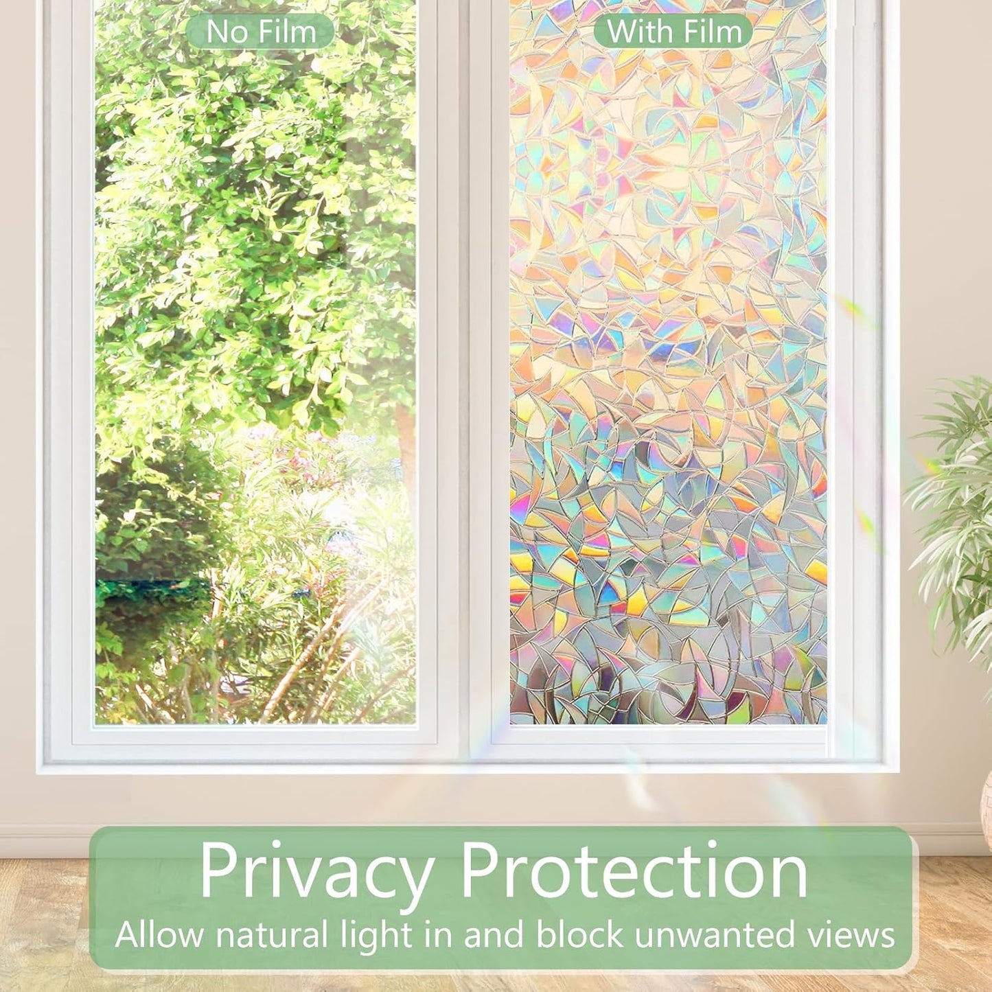 HIDBEA Window Privacy Film Static Clings, Rainbow Window Film, 3D Decals Non-Adhesive Window Vinyl Film for Home Door, 35.4 Inch × 6.5 Feet