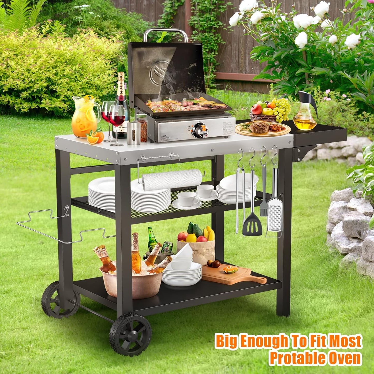 Grill Cart, Outdoor Grill Table, Pizza Oven Stand, Three-Shelf BBQ Table, Movable Dining Cart with Drawer, Fits for Ninja Woodfire Grill, Blackstone Griddle,Tabletop Grill