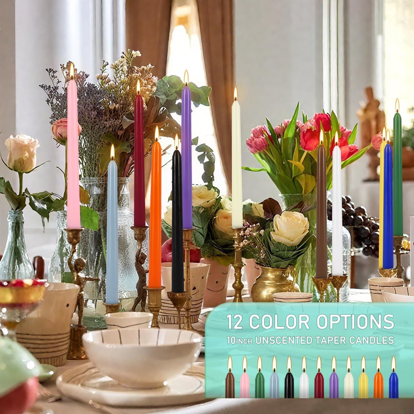 24 Pack 10" Tall Colored Taper Candles, Dripless Unscented Colorful Candlesticks for Birthdays Dinner Party Home Décor, Long Burning Spell Chime Candles for Witchcraft Ritual Prayer Meditation