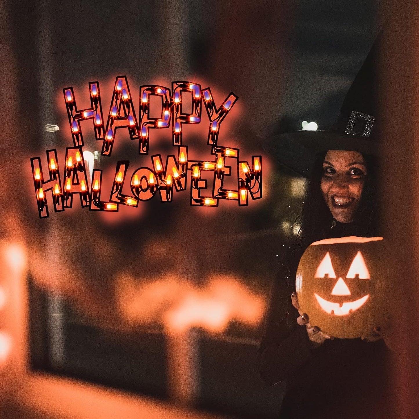 17" Lighted Happy Halloween Halloween Window Silhouette Decoration,Halloween Lighted Window Decoration,Hanging Light Up Holiday Ornament( Happy Halloween)