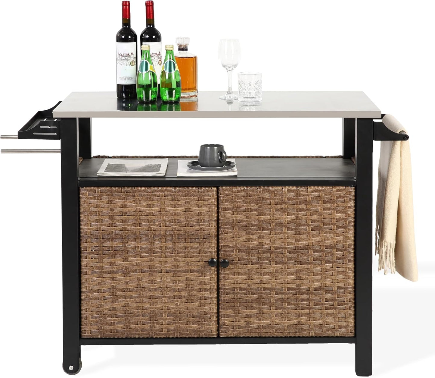 Grill Cart Outdoor with Wheels, Outdoor Prep Table with Wicker Storage and Rolling Wheels, Kitchen Island Serving Cart with Stainless Steel Table Top for BBQ, Porch, Patio, Brown