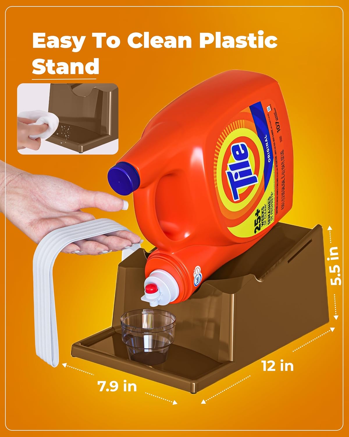 TidyFriend Laundry Detergent Holder Stand with Drip Tray, Laundry Soap Holder with Non-Slip Rubber Feet for Washing Space Organization, Angled Downward Slope for Easy Pouring (Brown)