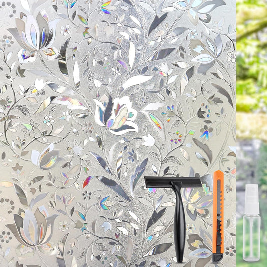 HIDBEA Window Privacy Film, 3D Stained Glass Static Cling - Sun Blocking Anti-UV Heat Control, Reusable Decorative Film for Home/Office Doors, Rainbow Tulip Design (35.4 in x 78.7 in)