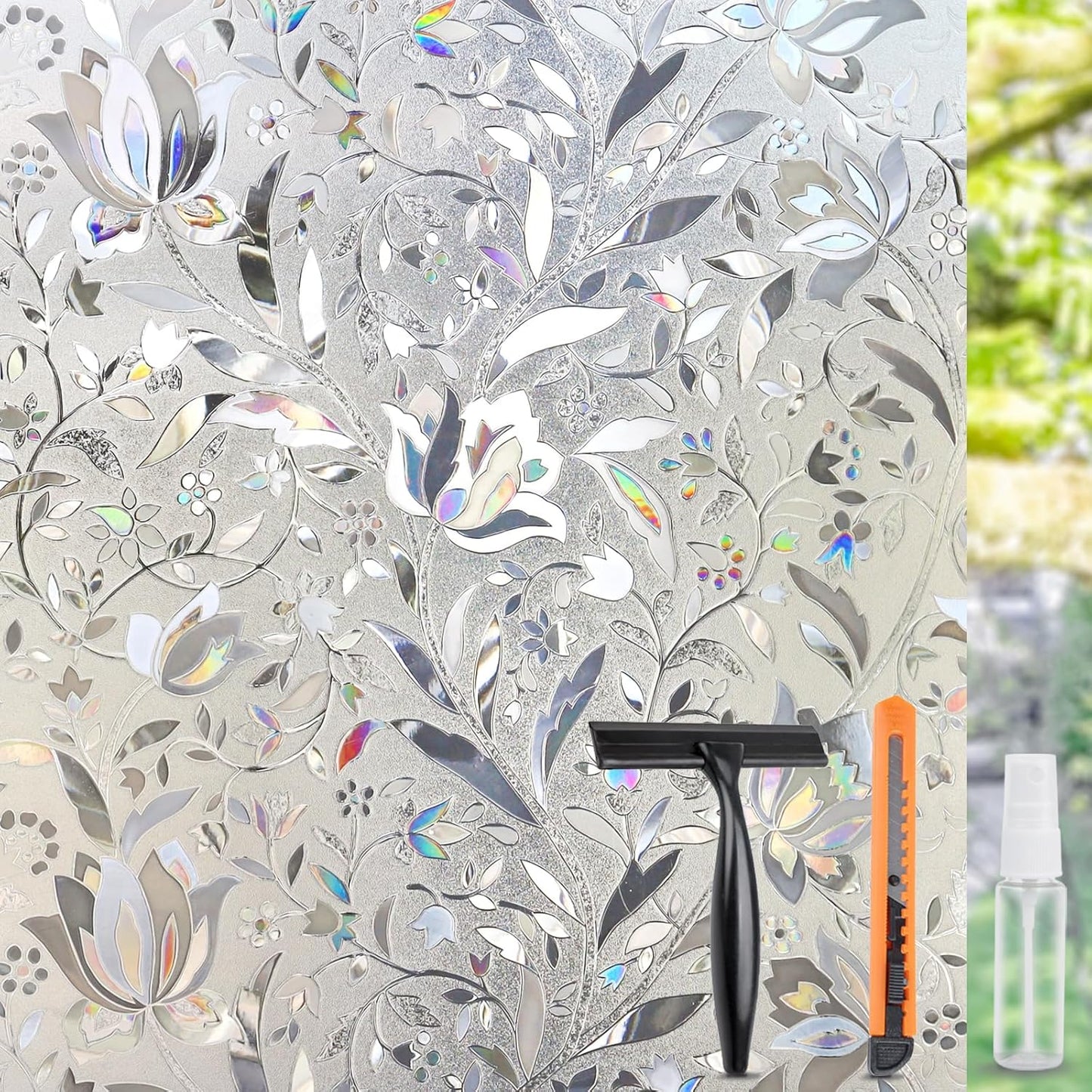 HIDBEA Window Privacy Film, 3D Stained Glass Static Cling - Sun Blocking Anti-UV Heat Control, Reusable Decorative Film for Home/Office Doors, Rainbow Tulip Design (17.5 in x 78.7 in)