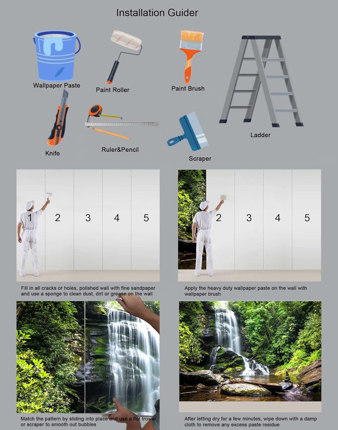 108''x75''Cascading Waterfalls in Forest Wall Mural Large Wallpaper Mural Wall Decor for Bedroom, Living Room, Kids Room(Not Self-Adhesive)