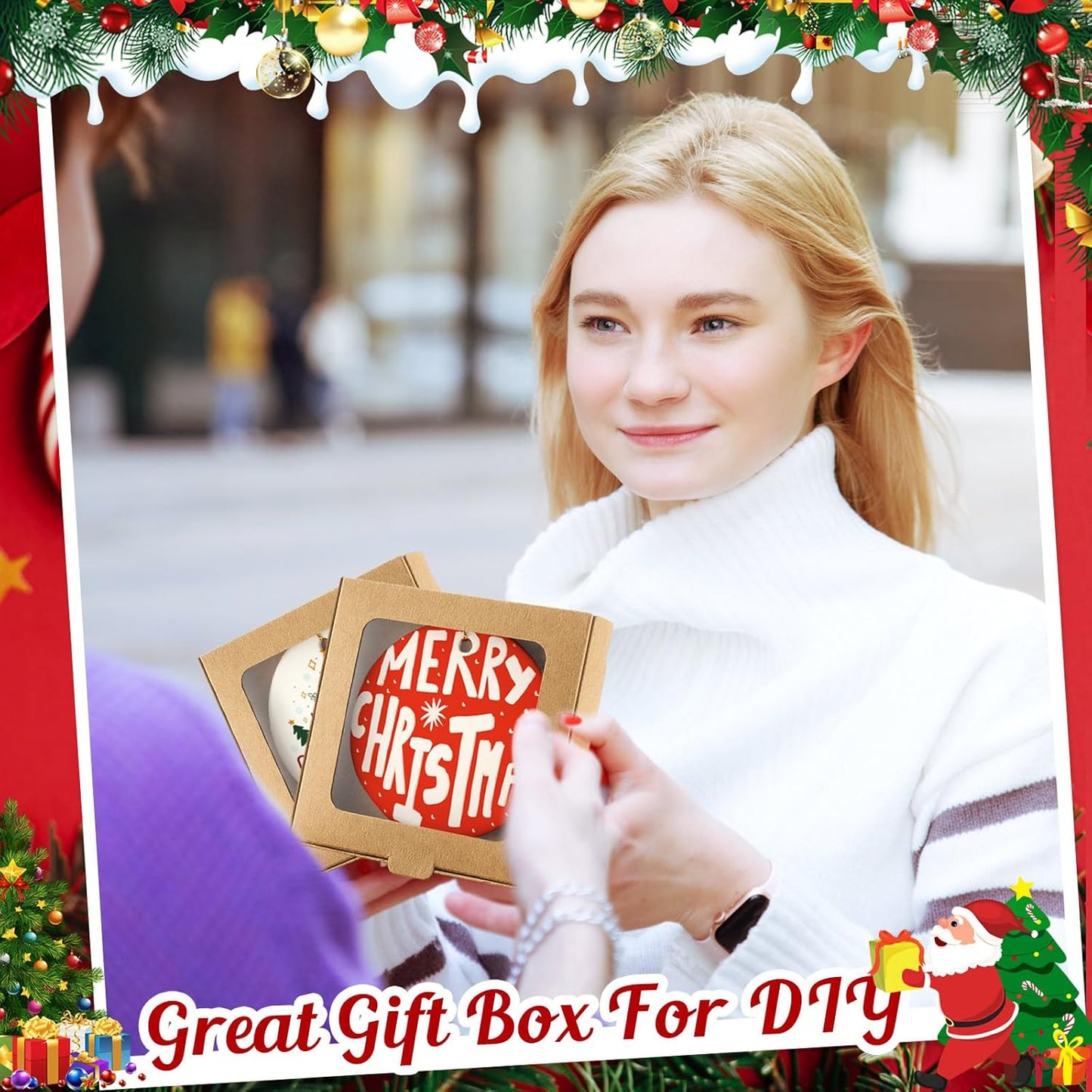 25 Pcs Sublimation Ornament Blanks Box 3.6"x3.6"x0.7" Christmas Ornaments Holder Ceramic Discs Packaging Box with Window for Personalized Xmas Tree Blanks Bulk (Kraft Paper)