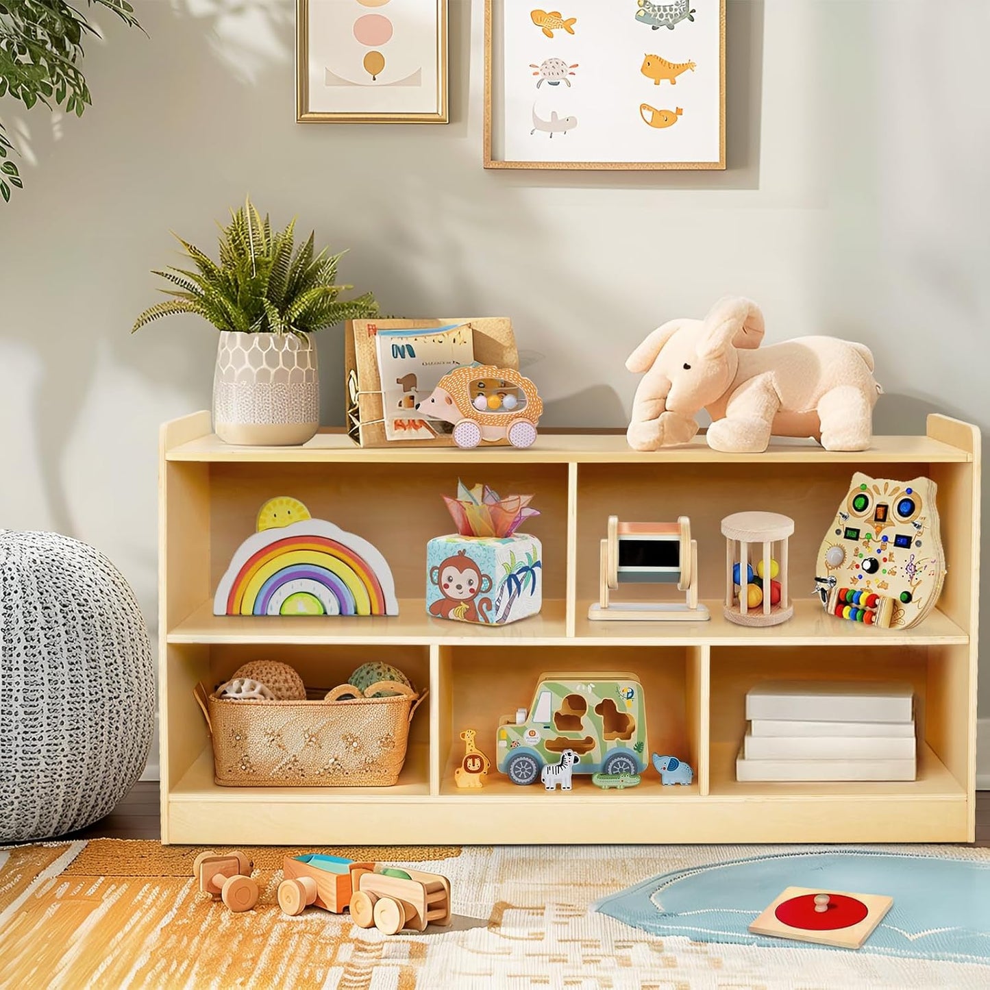 Montessori Shelf, Wooden Toy Storage Organizer for Books Toys, 2 Shelf Bookcase, 5-Section Storage Cabinet, Toddler Book Shelf for Kids Rooms, Playroom, Nursery, Kindergarten (Natural)