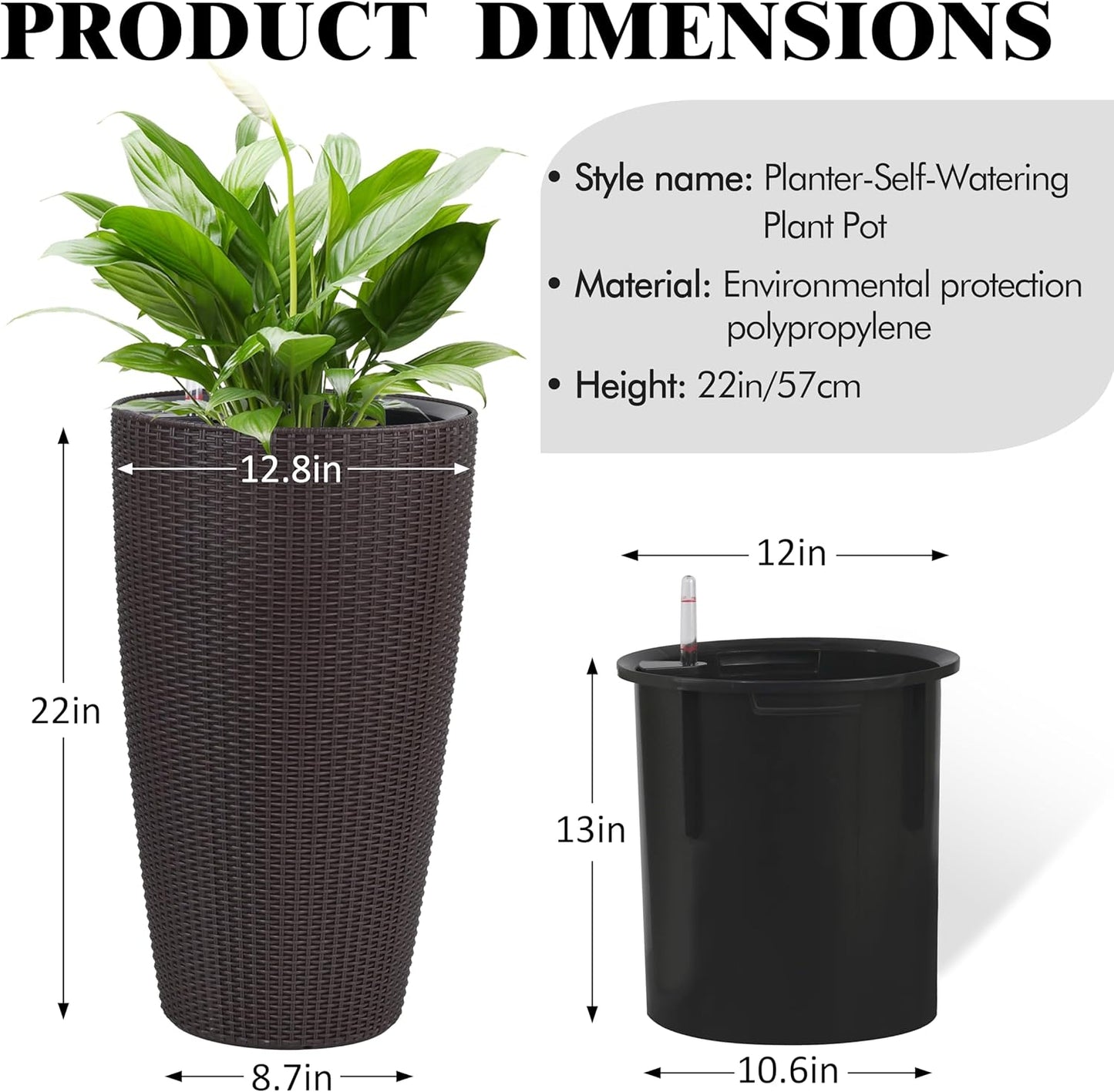 2Pack 22" High Modern Plant Pots Planter-Self-Watering Indoor/Outdoor Planting with Drain Holes, Water Level Monitor, Inner Bucket for Front Porch Patio, Brown Rattan Conical