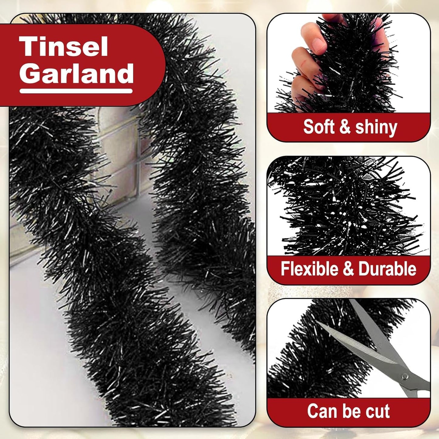 25 Feet Metallic Twist Tinsel Garland - Wall Hanging Backdrop for Parade Floats, Christmas Eve, New Year, Valentine's Day Parties (Black, 4in x 25ft)