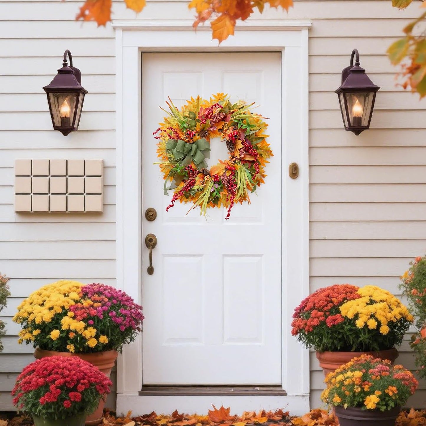 24 Inch Fall Wreaths for Front Door Outside– Artificial Silk Autumn Door Wreath with Green Bow, Maple Leaves, Pine Cones, Red Berries– Indoor Outdoor Thanksgiving Farmhouse Home Wall Decor