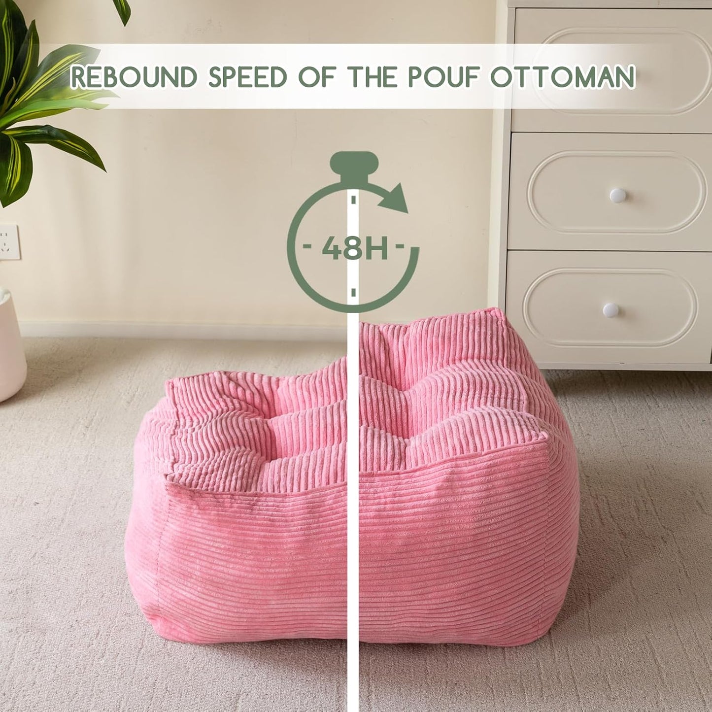 HIGOGOGO Square Stuffed Pouf Ottoman, Corduroy Poufs with Foam Chunk Filling, Furry and Fluffy Pouf Foot Stool Storage Ottoman, 21 X 21 Floor Poufs Foot Rest for Living Room, Pink