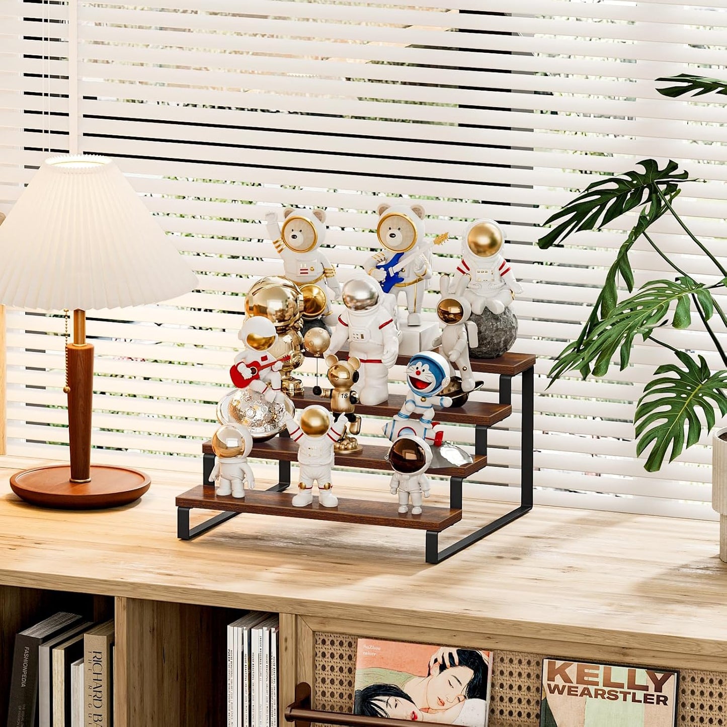 Giikin 4 Tier Spice Rack, Wooden Spice Rack for Countertop, Kitchen Counter Storage Shelves Cupcake Stand Holder Display Stand, Rustic Brown