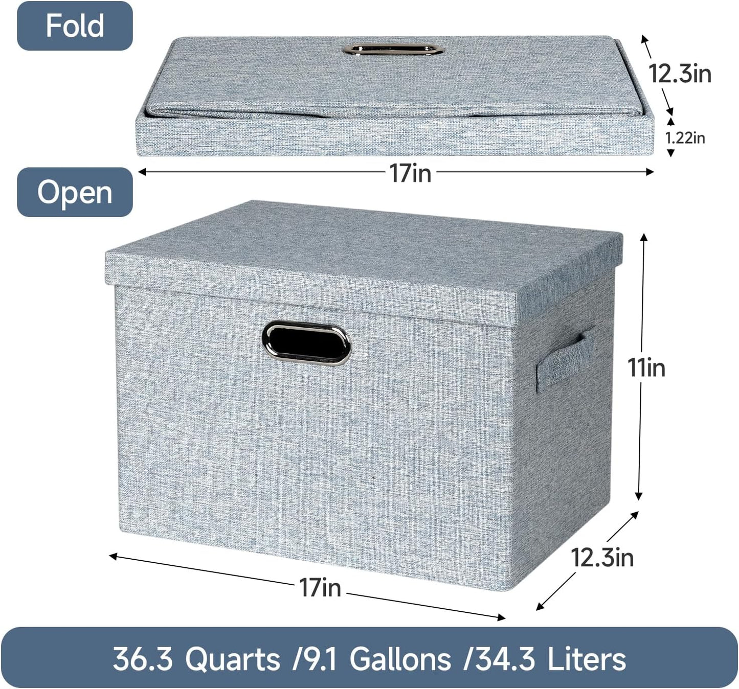 Large 17" 36 Quart Collapsible Stackable Storage Bins with Lids, 3 Packs Blue-Grey Linen Fabric Closet Boxes with Lids, Storage Cube Baskets Container Organizers for Bedroom (17x12x11)