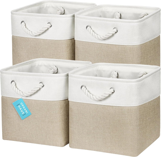 OrganiHaus 11x11 Cube Storage Bins 4 Pack, Foldable Cube Storage Organizer w/ Rope Handles, Collapsible Fabric Bins for Toys, Clothes & Closet Organization, Fabric Square Baskets - Beige/White