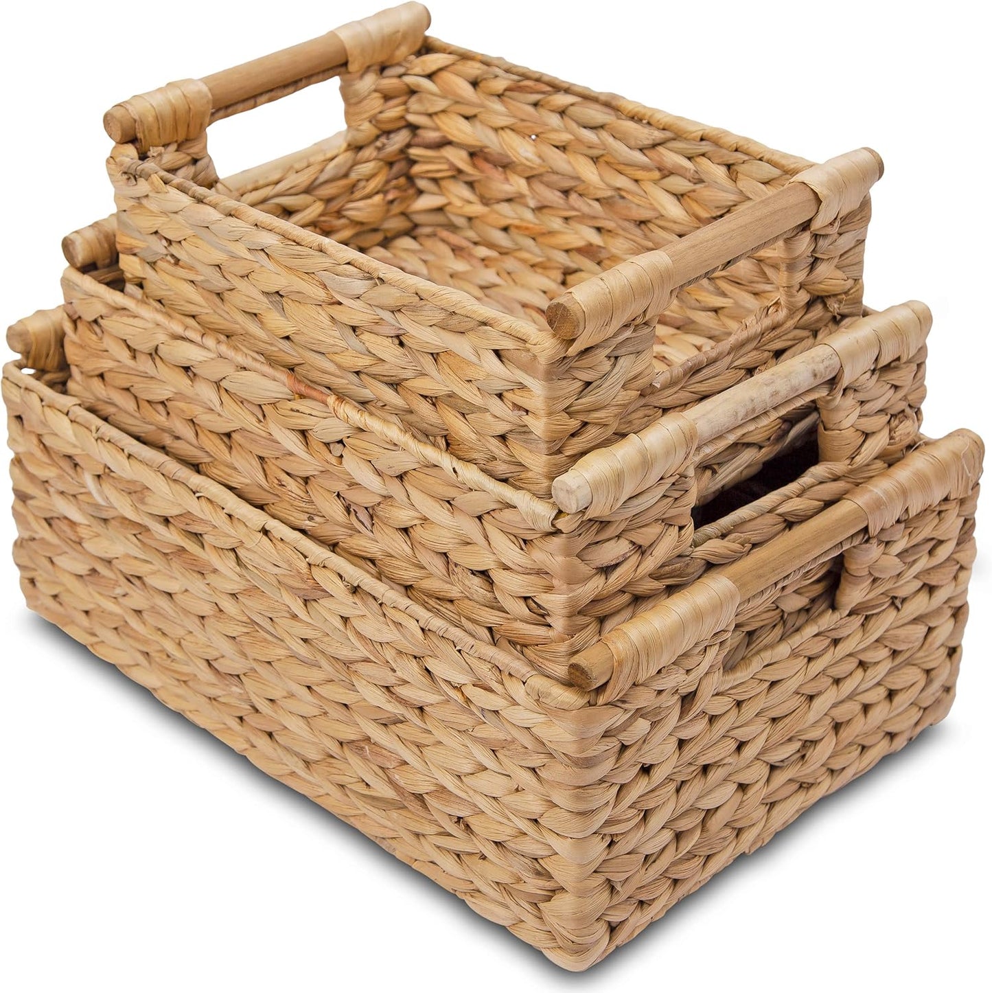 VATIMA Hyacinth Wicker Basket Set 3 size - Rectangular, Wooden Handles, Shelf Organizer, Natural Bins