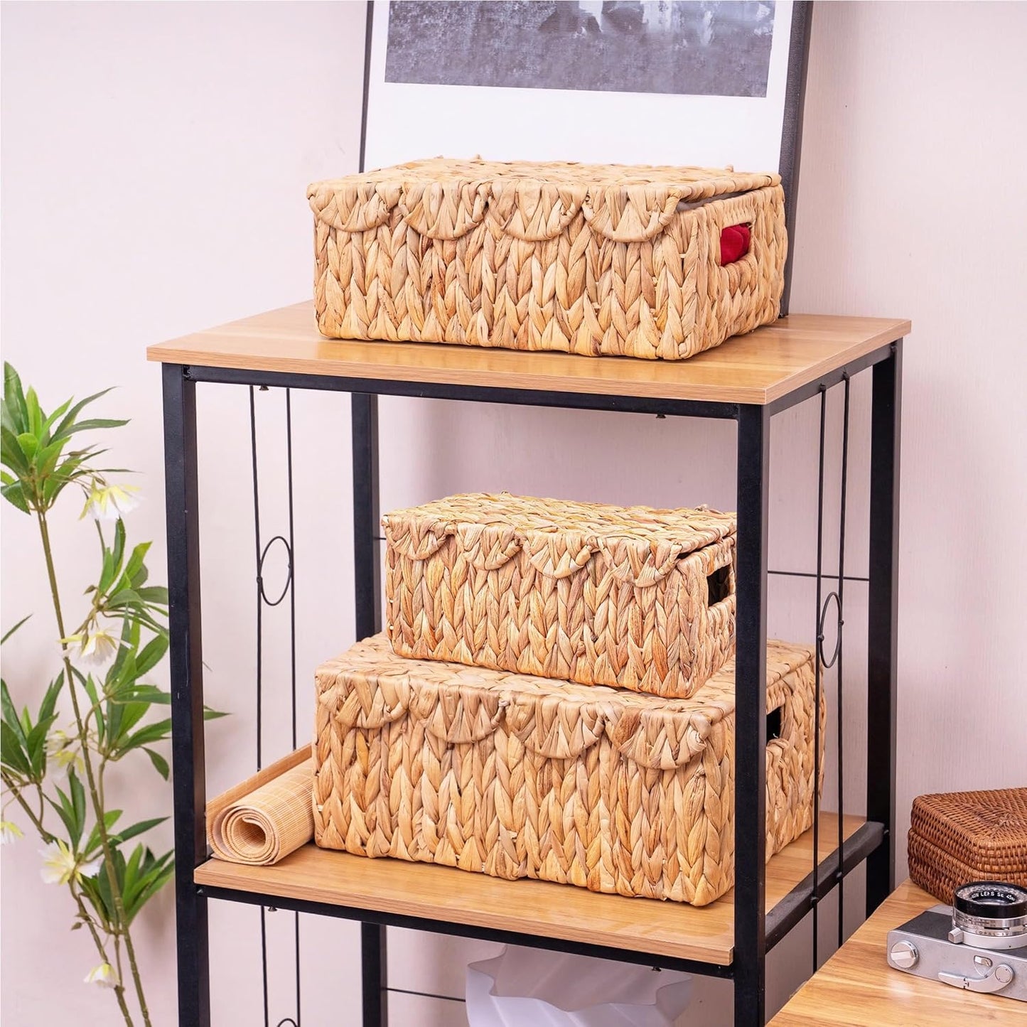 Set of 3 Scalloped Edge Wicker Basket with Lid, Rectangle Wicker Storage Basket with Built-in Handles, Multipurpose Organizer Rattan Display Boxes for Shelf, Nursery Room