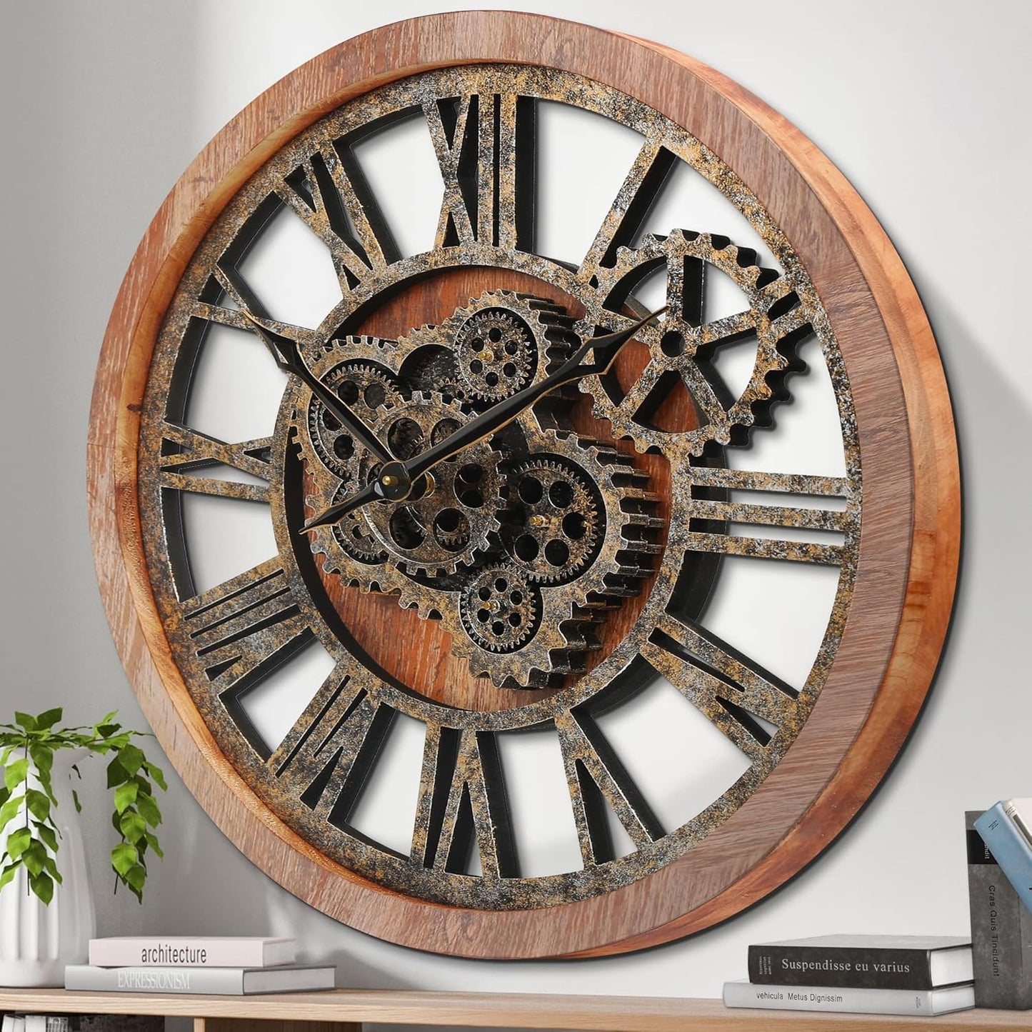 HOIBAI Large Wall Clock, Wall Clocks for Living Room Decor 20 Inch Farmhouse Vintage Rustic Kitchen Wall Decor Vintage Roman Oversized Wall Clock for Home Bedroom House, Moving Gears Clock
