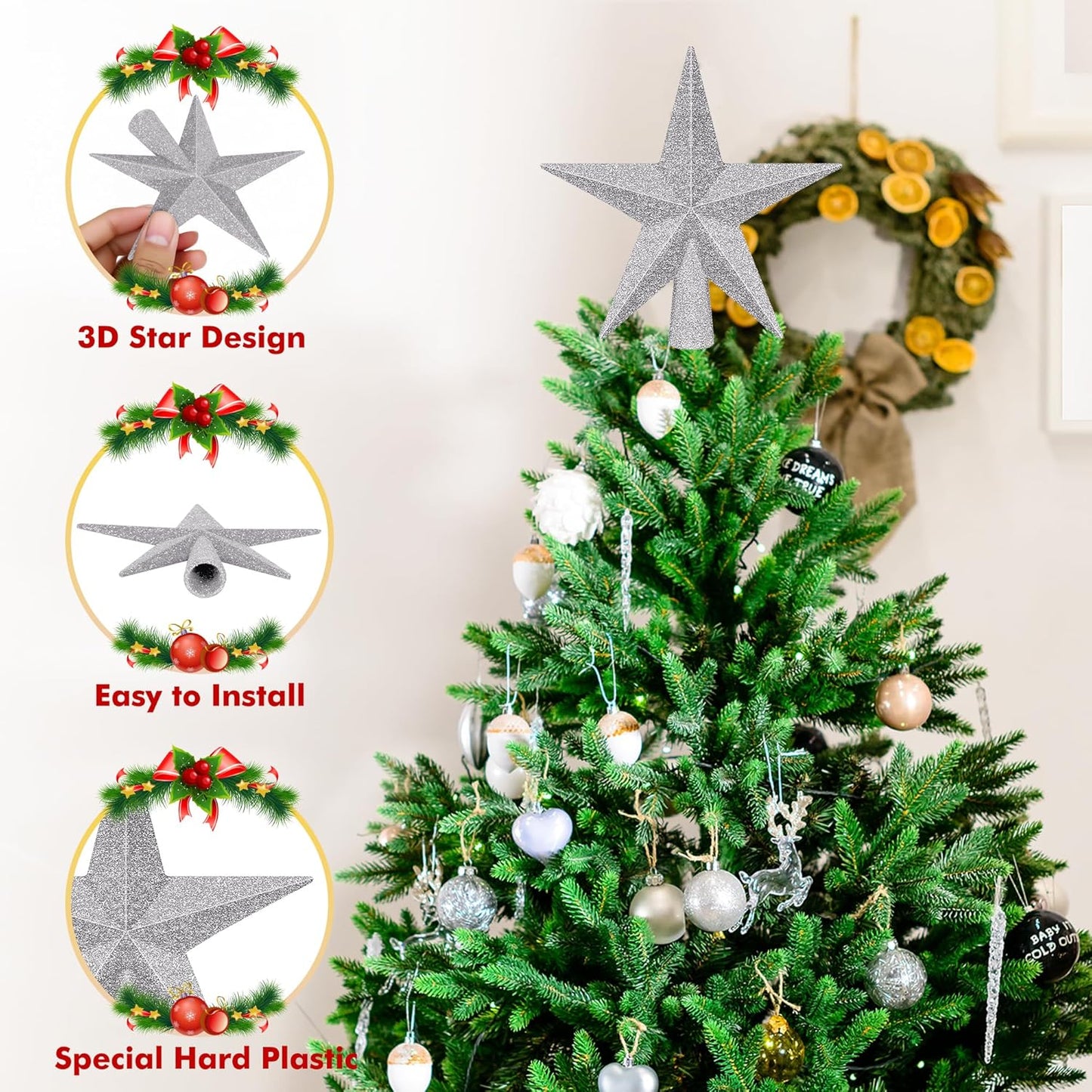 1PCS Tree Topper, 4" Star Christmas Tree Topper Glitter Sliver, Mini Bethlehem Star Xmas Shatterproof Tree Topper Decorations, Waterproof Christmas Decor for Holiday Home Indoor & Outdoor Ornament