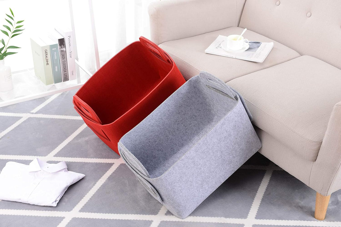 Storage Basket Felt Storage Bin Collapsible& Convenient Box Organizer with Carry Handles for Office Bedroom Closet Babies Nursery Toys Laundry (Light grey, 17.9inch（L）×12.2inch（W）×11.6inch（H）)