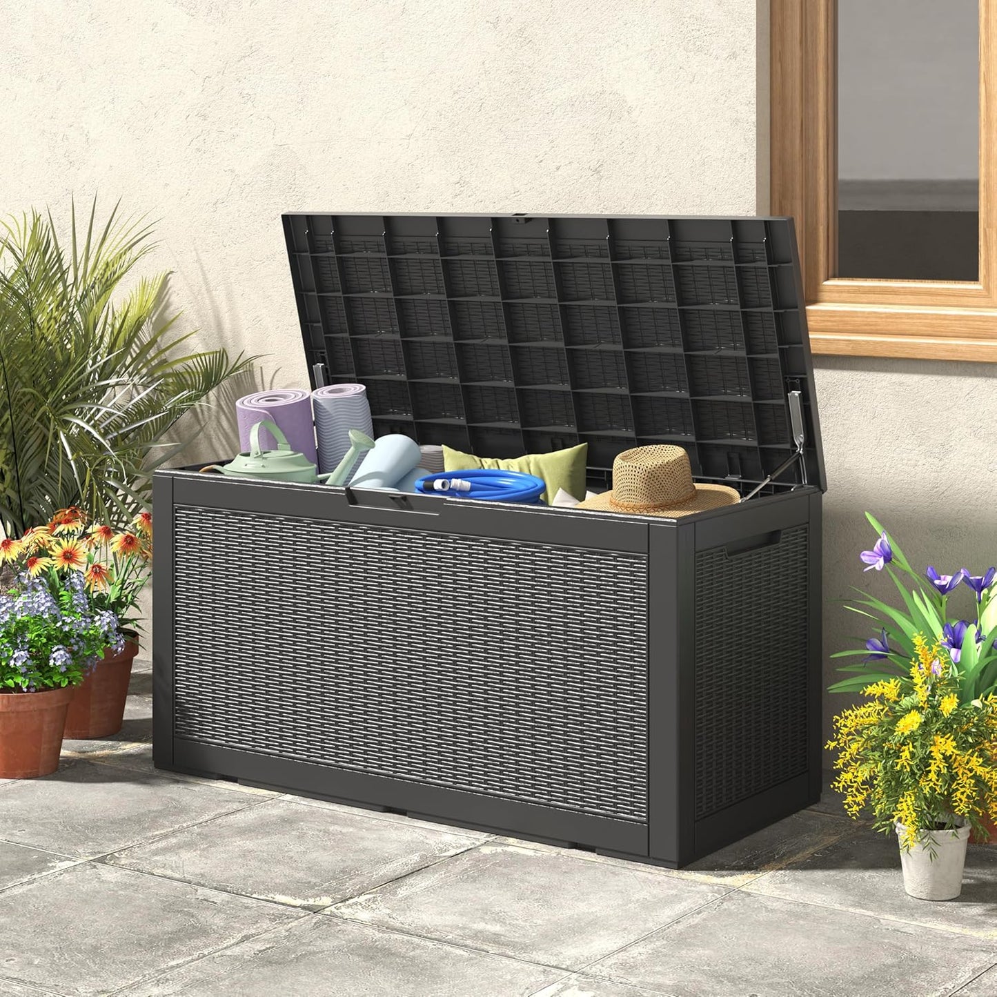 100 Gallon Deck Box Lockable Rattan Outdoor Storage Box waterproof Outdoor Container for Patio Furniture Cushions, Pillow