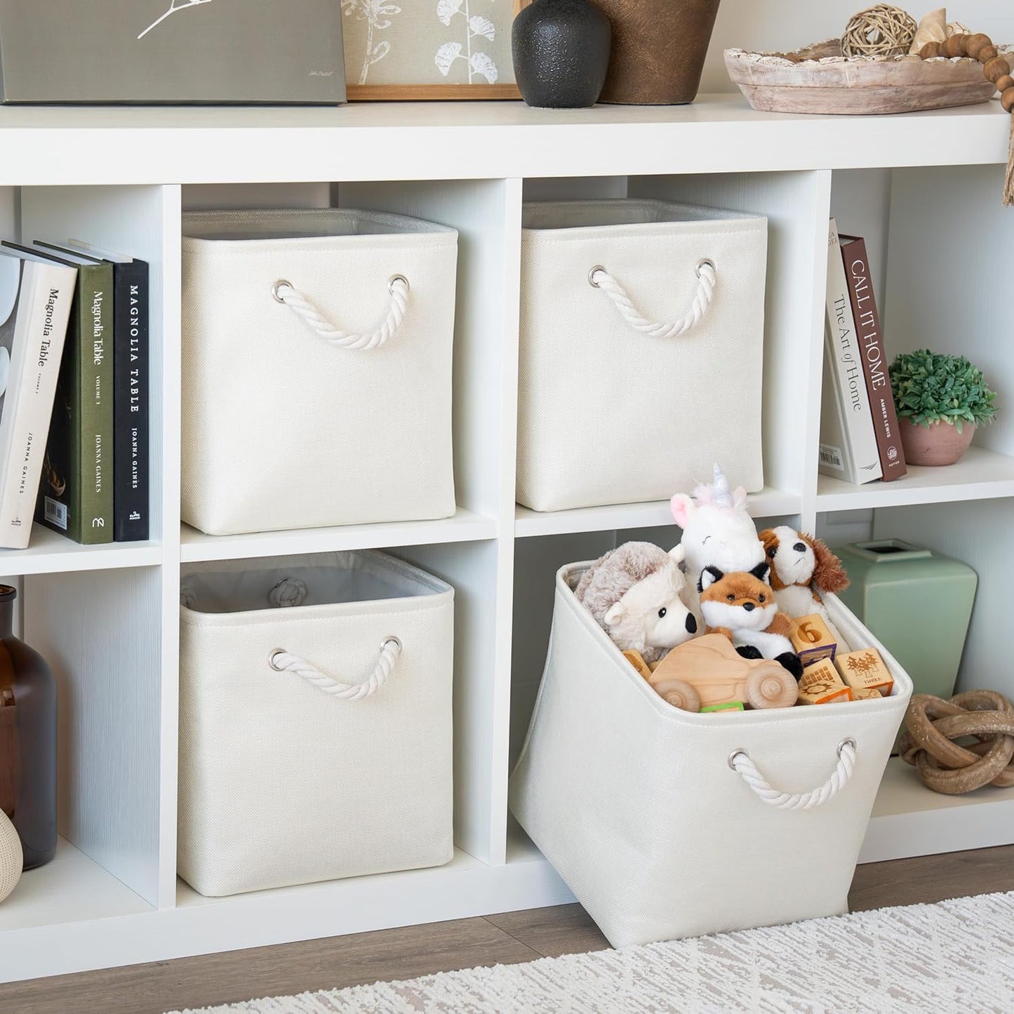 OrganiHaus 11x11 Cube Storage Bins 4 Pack, Foldable Cube Storage Organizer w/ Rope Handles, Collapsible Fabric Bins for Toys, Clothes & Closet Organization, Fabric Square Baskets - Off-White