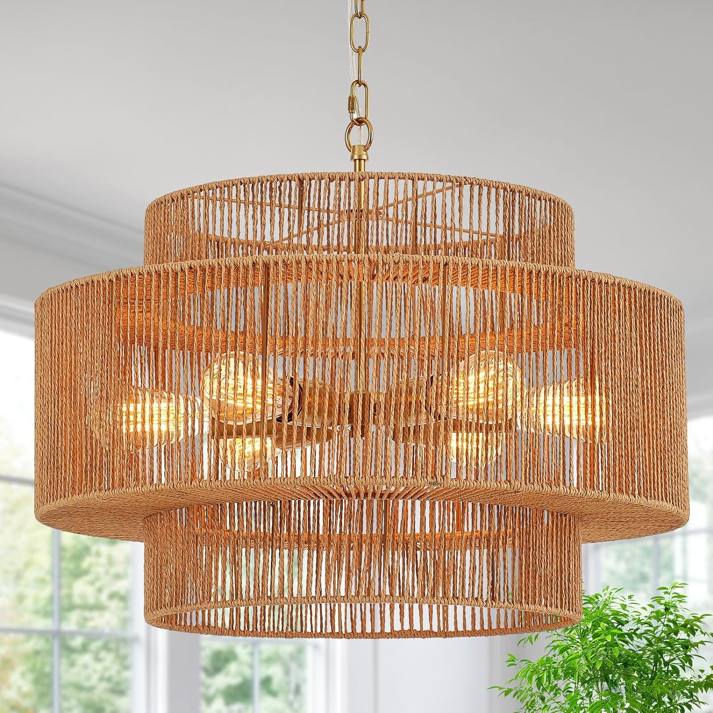 23.6" Rattan Chandelier Light Fixture Vintage 6-Lights Boho Hand-Woven Bamboo Chandeliers Retro Farmhouse 3-Tier Drum Wicker Rattan Golden Chandelier for Dining Room, Kitchen, Living Room