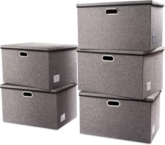 PRANDOM Extra Large Collapsible Storage Bins with Lids [5-Pack] Linen Fabric Foldable Storage Baskets Boxes Organizer Containers Cube with Cover for Bedroom Closet Office Nursery (22.8x15.75x13.8)