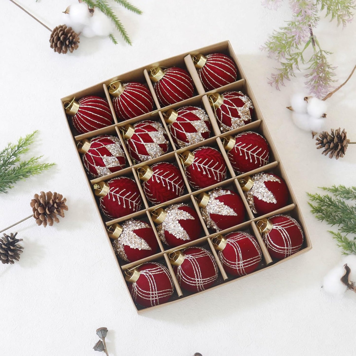 20PCS Velvet Ornaments for Christmas Tree, 2.36INCH Glitter Flocked Christmas Ornaments Decorations Balls Set Decor