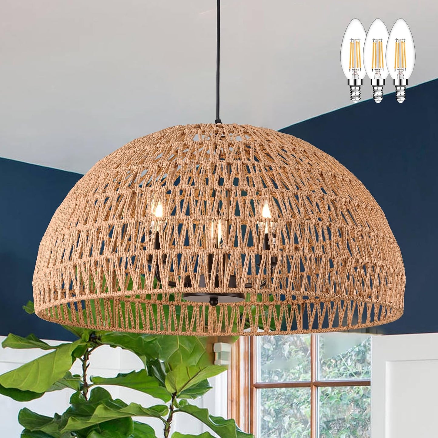 24" Brown Woven Pendant Light Boho Chandelier Dome Rustic Farmhouse Chandelier Wicker Pendant Light Rattan Light Fixture for Dining Room Living Room Bedroom Kitchen Island Foyer(Bulb Incl)
