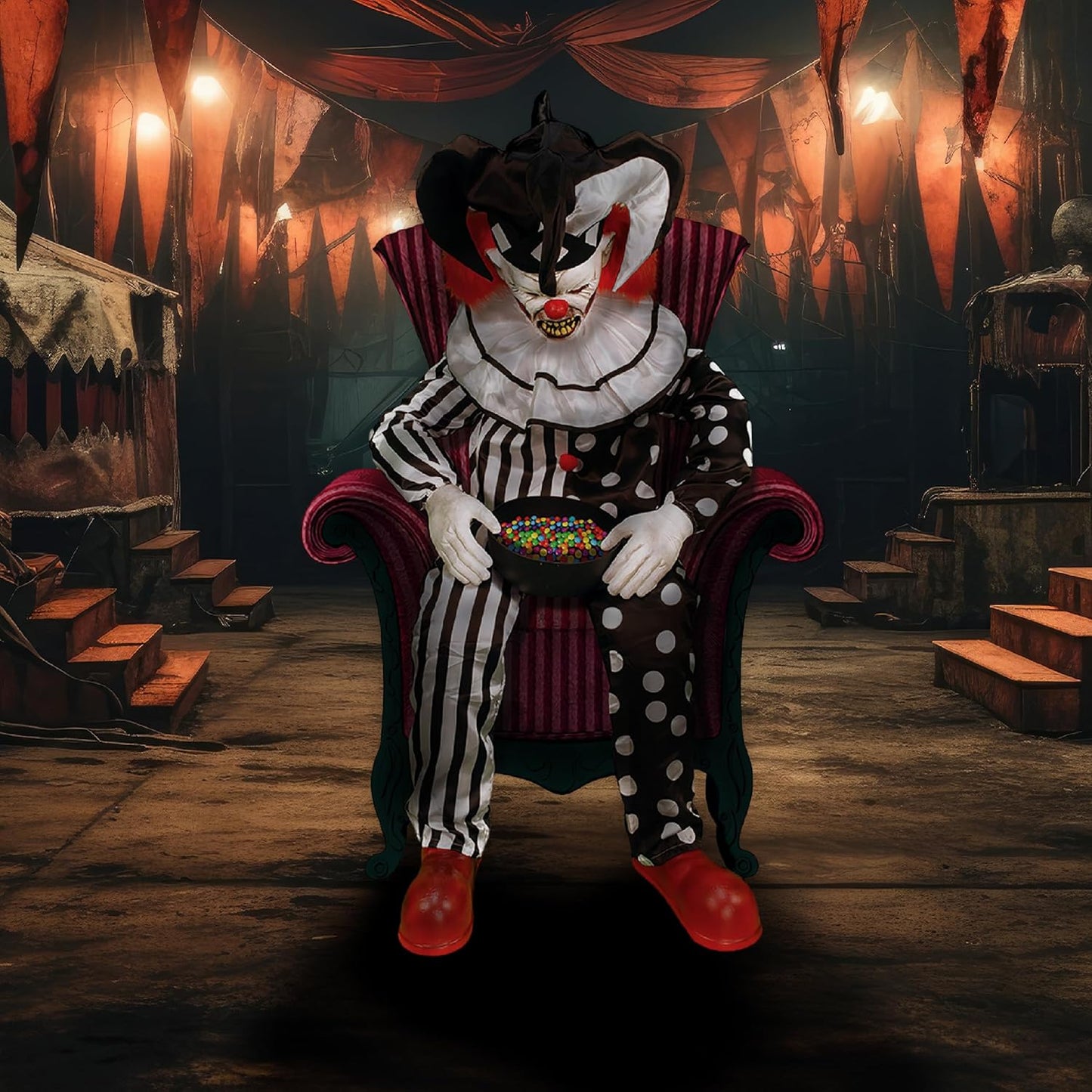 Haunted Hill Farm Hartley The Sitting Scare Clown by Tekky, Motion-Activated Talking Jump-Scare Halloween Animatronic for Halloween Party Prank Decoration, Plug-in or Battery Operated Halloween Props