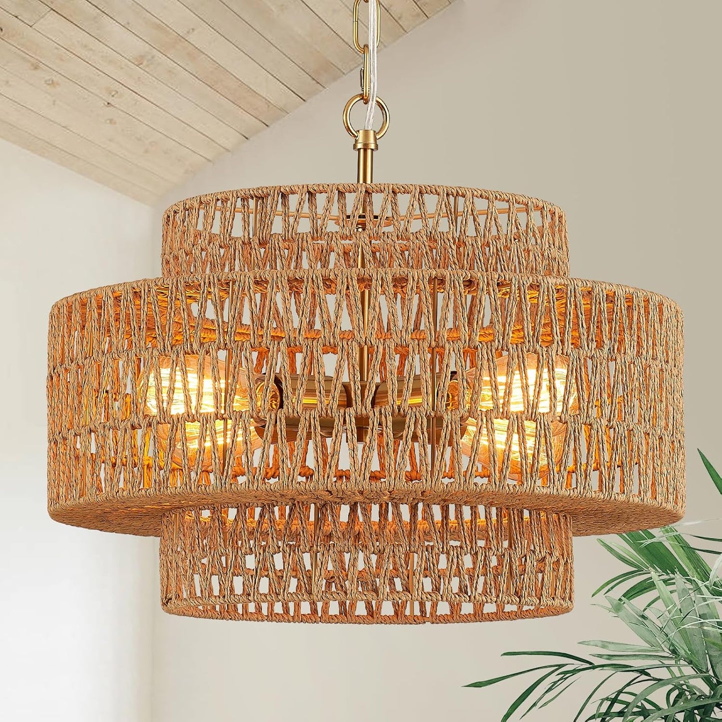 Hand-Woven Rattan Chandelier Vintage 4-Light 17.7" Farmhouse Boho Bamboo Chandelier Light Fixture Retro 3-Tier Drum Wicker Rattan Golden Chandeliers for Dining Room, Kitchen Island, Bedroom