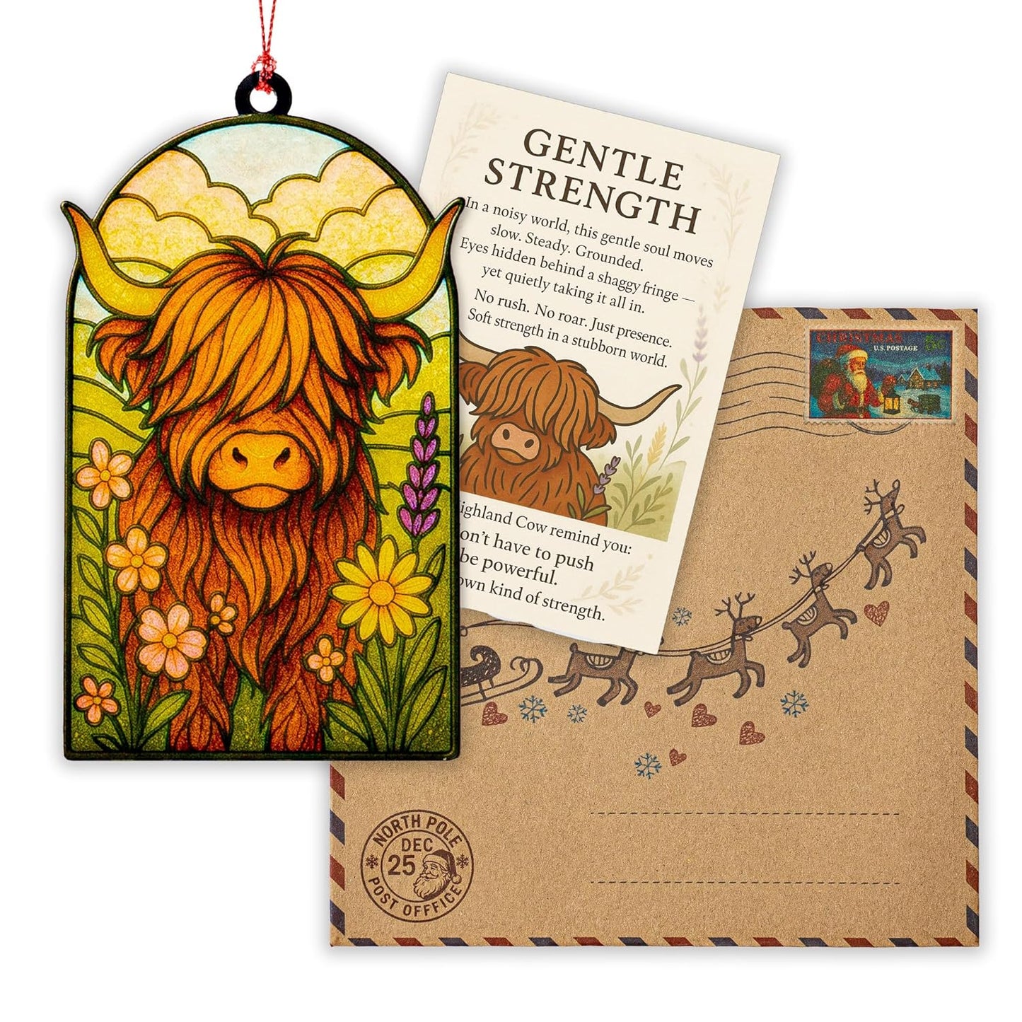 Highland cow ornaments - Highland cow gifts - Christmas ornament 2025 - Vintage christmas ornament - Farmhouse Xmas Orrnaments - Suncatcher Effect stained glass window hanging - car hanging