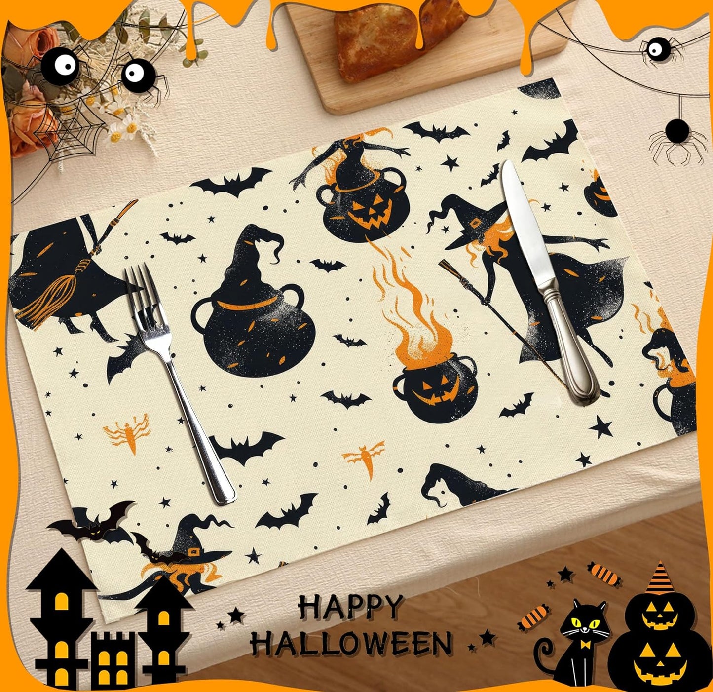 Halloween Spooky Placemats Set of 4, 12x18 Inch Pumpkin Witch Table Mats, Washable Heat Resistant Place Mats for Kitchen Dining Table, Halloween Themed Decoration for Home-B04